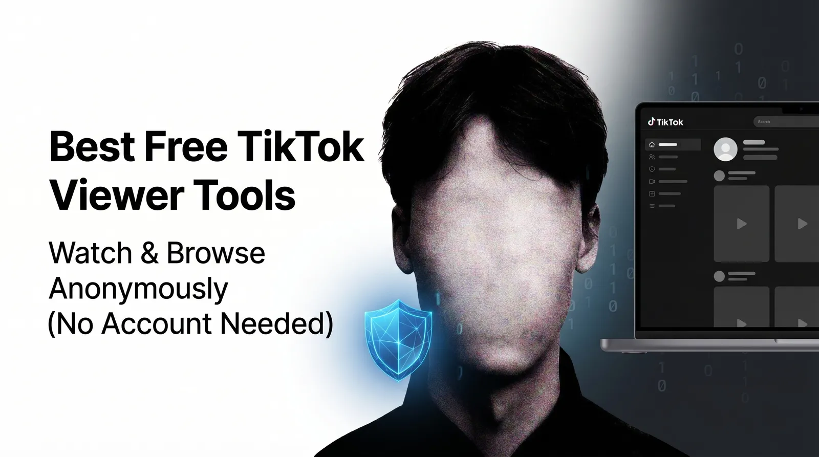 A sleek, modern digital illustration showing a user anonymously browsing TikTok profiles and videos on a laptop screen, protected by a glowing privacy shield, representing secure and free web-based viewer tools.
