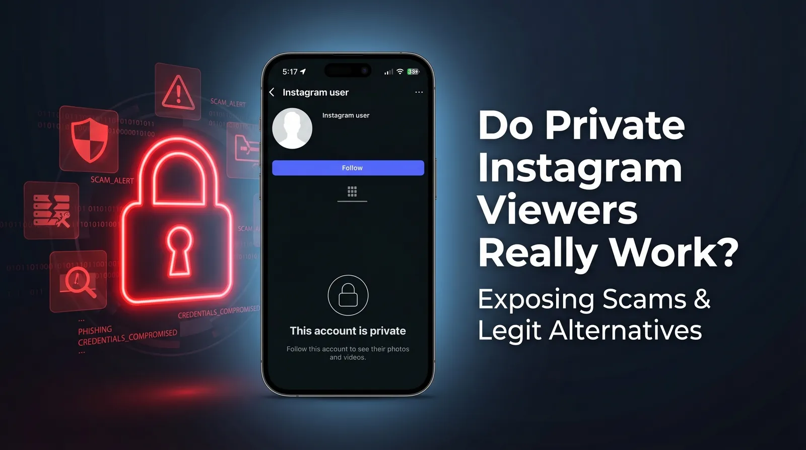 A glowing neon padlock over a blurred Instagram profile interface, surrounded by red warning signs and digital code representing cybersecurity and scam prevention.