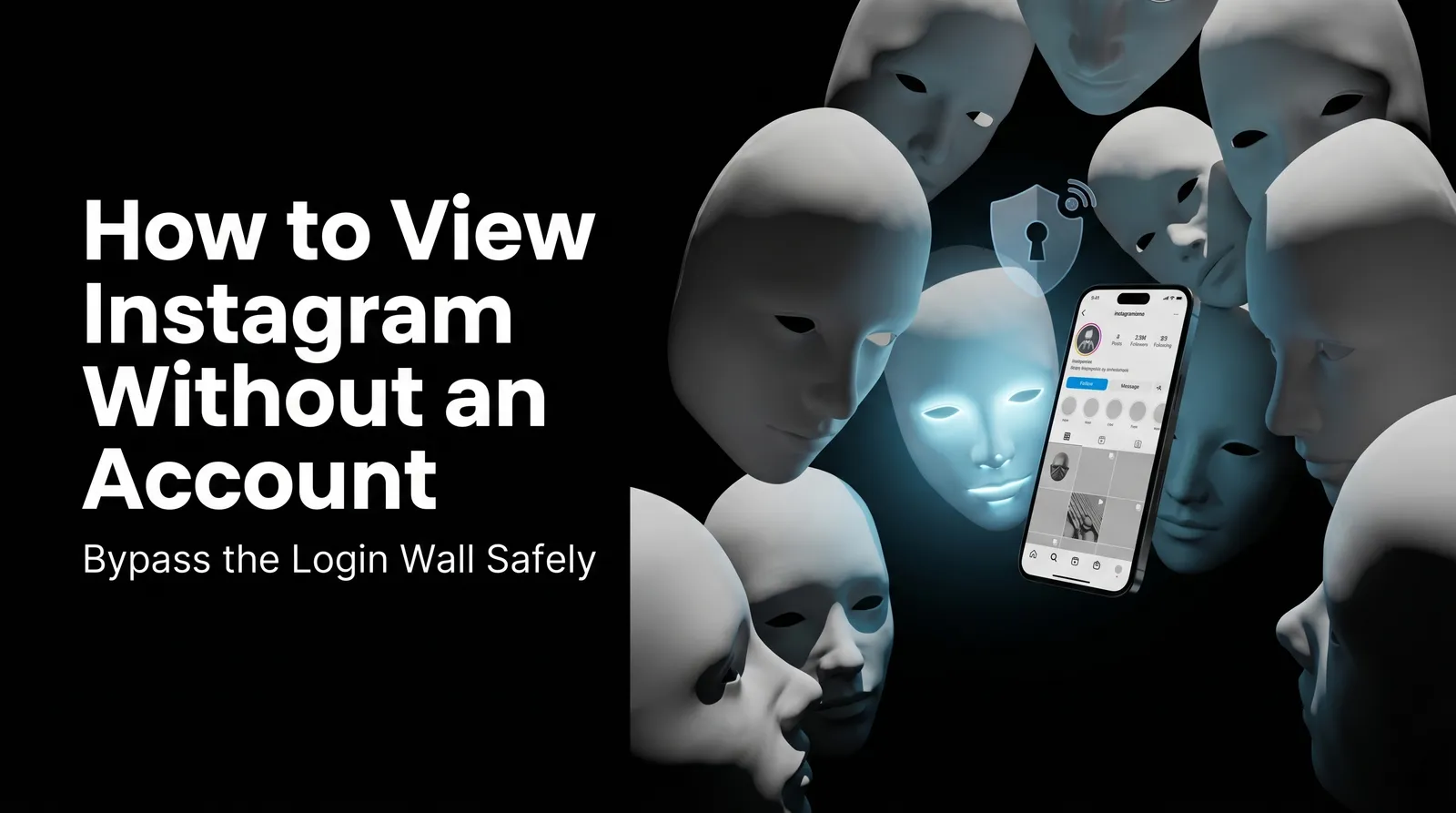 A conceptual 3D illustration of a glowing incognito mask hovering over a smartphone displaying an Instagram profile, symbolizing anonymous and secure browsing.