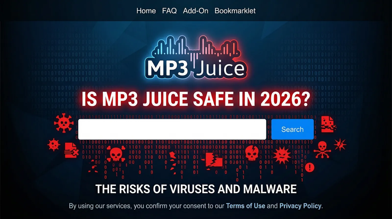 경고 표시가 있는 MP3 Juice 웹사이트를 보여주는 스마트폰 화면, 안전하지 않음을 나타냅니다.