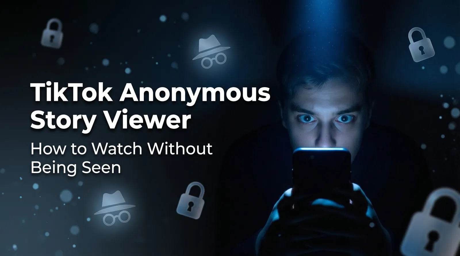 A person holding a glowing smartphone displaying a TikTok profile, surrounded by floating digital padlocks and an incognito mask icon to symbolize secure, anonymous story viewing.