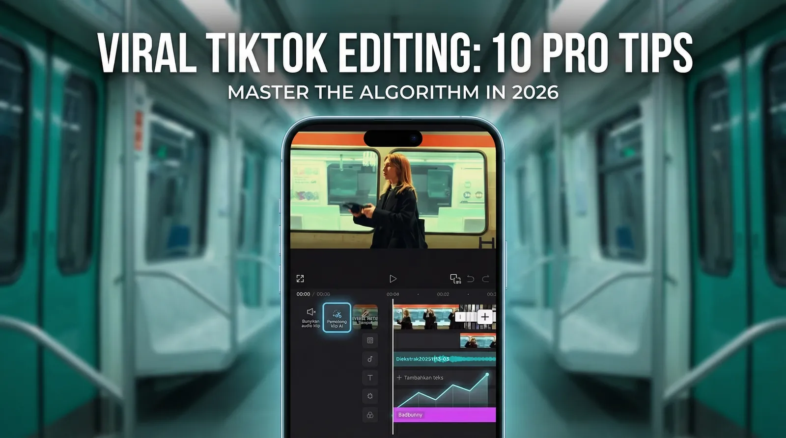 TikTokの動画編集インターフェースを示すスマートフォンの画面。2026年にバイラルになるための編集ヒントを実演しています。