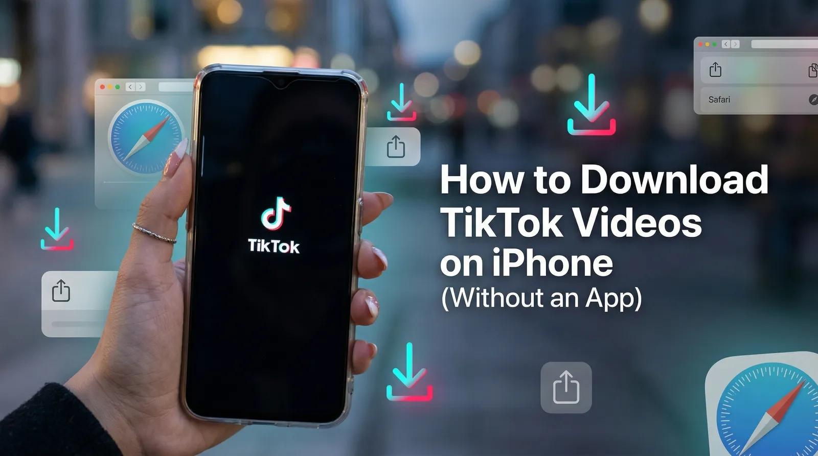 A phone screen showing a TikTok video being downloaded to the iPhone camera roll without an app.