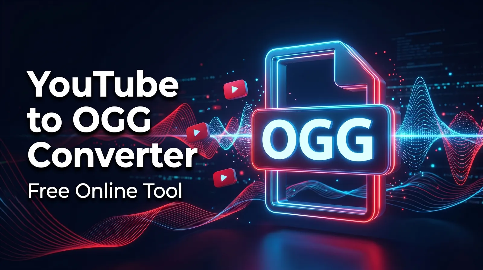 A sleek, modern digital interface showing a YouTube video URL seamlessly transforming into a high-quality OGG audio file, surrounded by secure padlock icons and soundwaves to emphasize safety and audio fidelity.