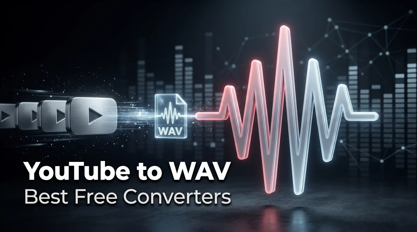 A split-screen conceptual illustration showing a warning sign over a spammy, malware-infected online converter on the left, and a clean, secure, high-fidelity audio waveform representing a safe YouTube to WAV conversion on the right.