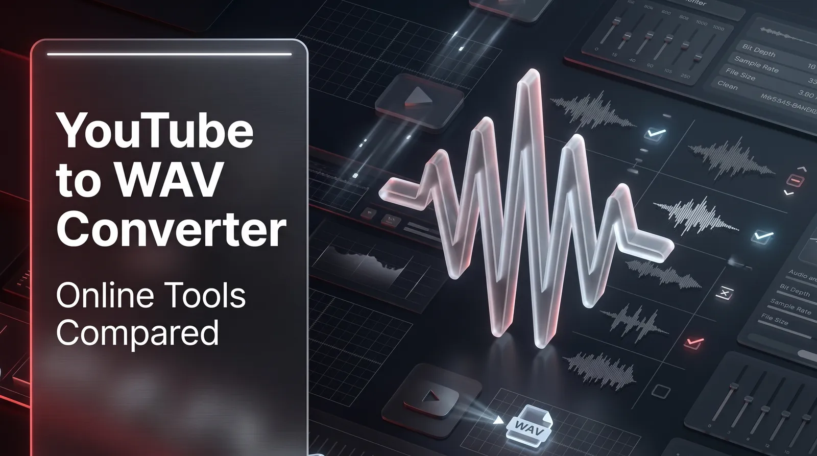 A split-screen digital illustration showing a clean audio waveform on one side and a warning sign over a fake download button on the other, representing secure audio conversion.